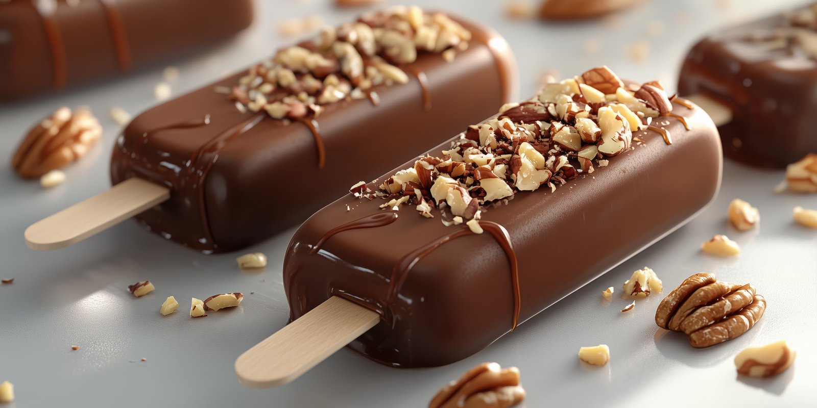 Delicious chocolate coated ice cream bars with nuts on a light background ready to be enjoyed during summer